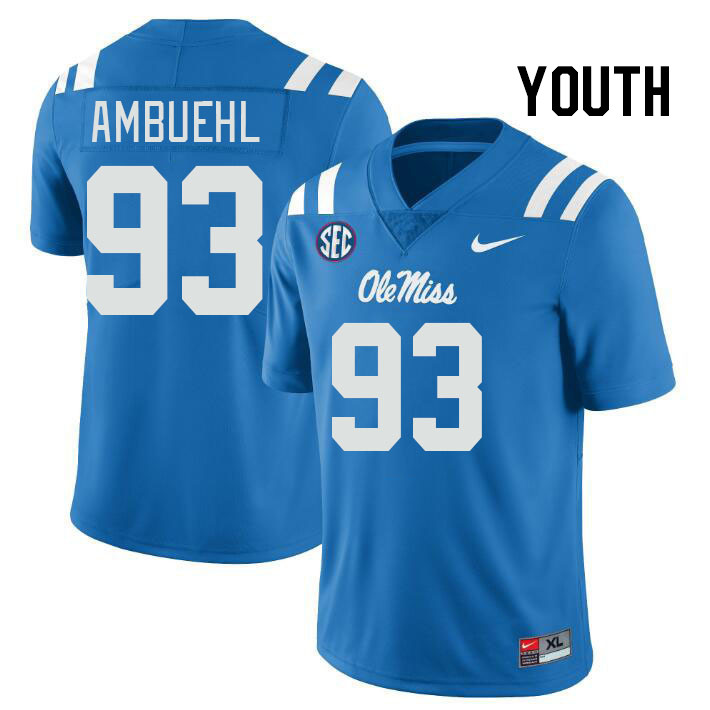 Youth #93 Davis Ambuehl Ole Miss Rebels College Football Jerseyes Stitched Sale-Powder Blue